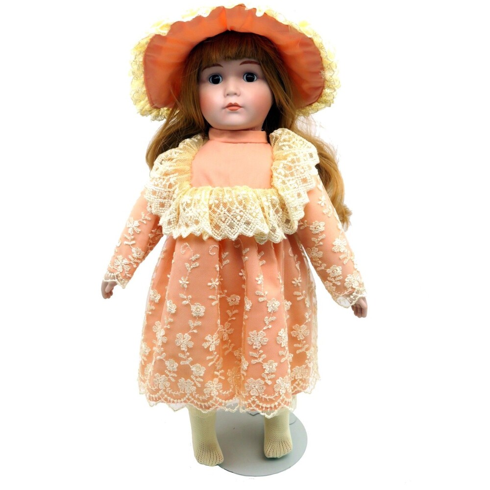 Vintage Happyland Heirloom Treasure Porcelain Doll 16" Peach Dress Bonnet